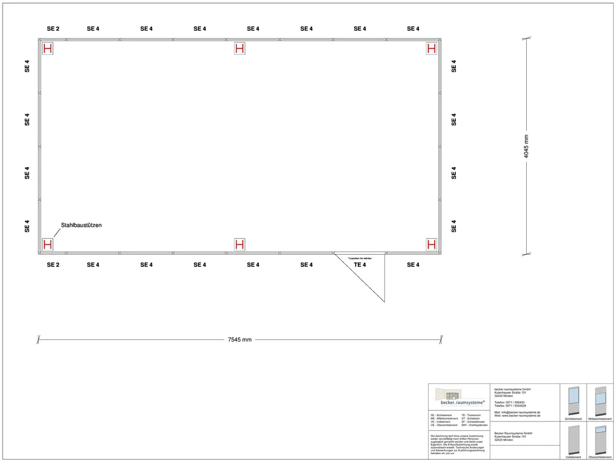 Zeichnung für Hallenbüro als Doppelstock 4-seitig 7,50 x 4,00 m System RS 45 von Becker Raumsysteme - Artikel HD4-7540