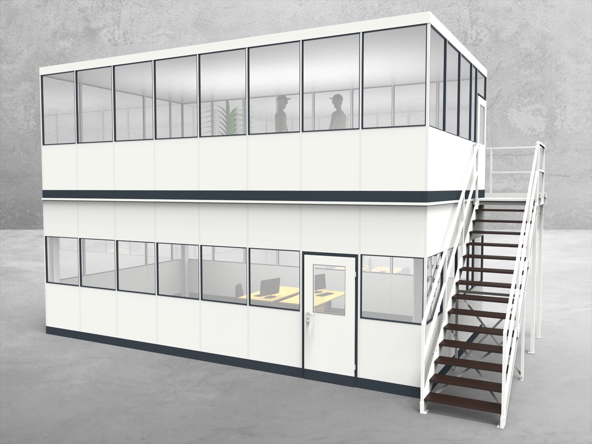 Aussenansicht für Hallenbüro als Doppelstock 4-seitig 8,00 x 4,50 m System RS 45 von Becker Raumsysteme - Artikel HD4-8045