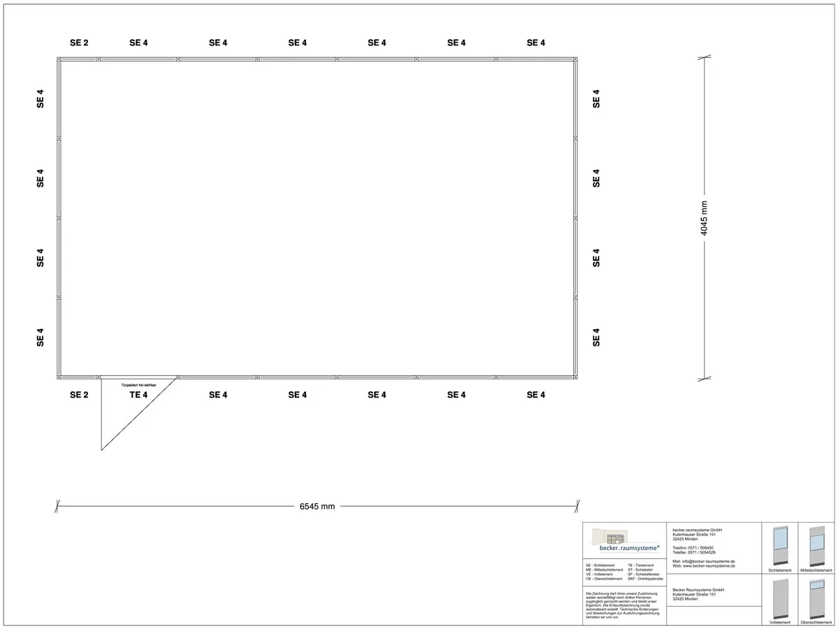Zeichnung für Stellwand 4-seitig 6,50 x 4,00 m System RS 45 von Becker Raumsysteme - Artikel SW4-6540