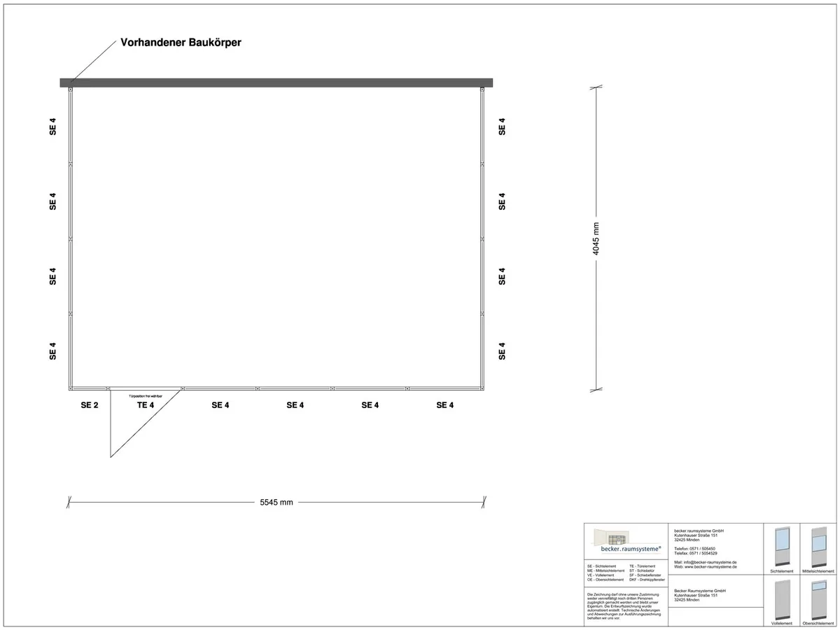 Zeichnung für Hallenbüro 3-seitig 5,50 x 4,00 m System RS 45 von Becker Raumsysteme - Artikel HB3-5540