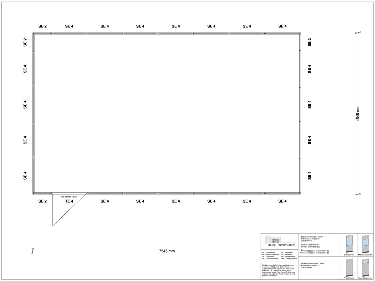 Zeichnung für Hallenbüro 4-seitig 7,50 x 4,50 m System RS 45 von Becker Raumsysteme - Artikel HB4-7545