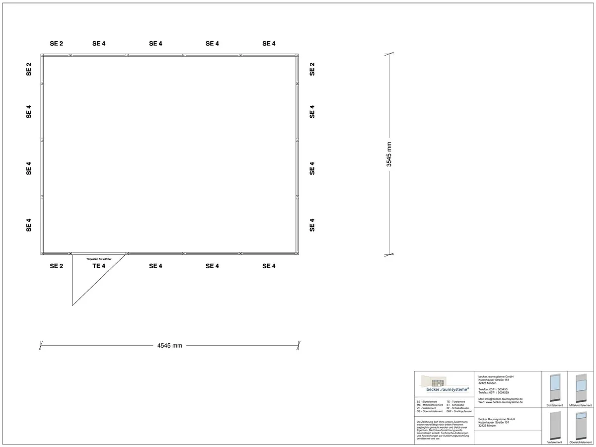 Zeichnung für Stellwand 4-seitig 4,50 x 3,50 m System RS 45 von Becker Raumsysteme - Artikel SW4-4535