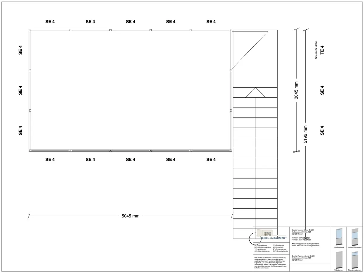 Zeichnung für Hallenbüro auf Stahlbau 4-seitig 5,00 x 3,00 m System RS 45 von Becker Raumsysteme - Artikel HS4-5030