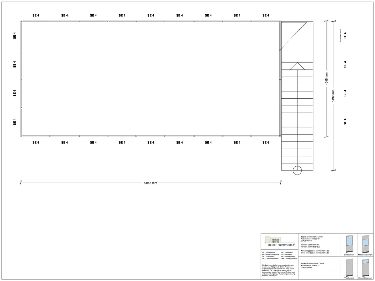 Zeichnung für Hallenbüro auf Stahlbau 4-seitig 9,00 x 4,00 m System RS 45 von Becker Raumsysteme - Artikel HS4-9040