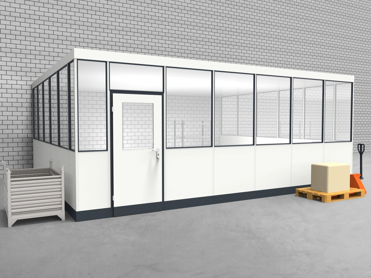 Aussenansicht für Hallenbüro 3-seitig 6,50 x 5,50 m System RS 45 von Becker Raumsysteme - Artikel HB3-6555