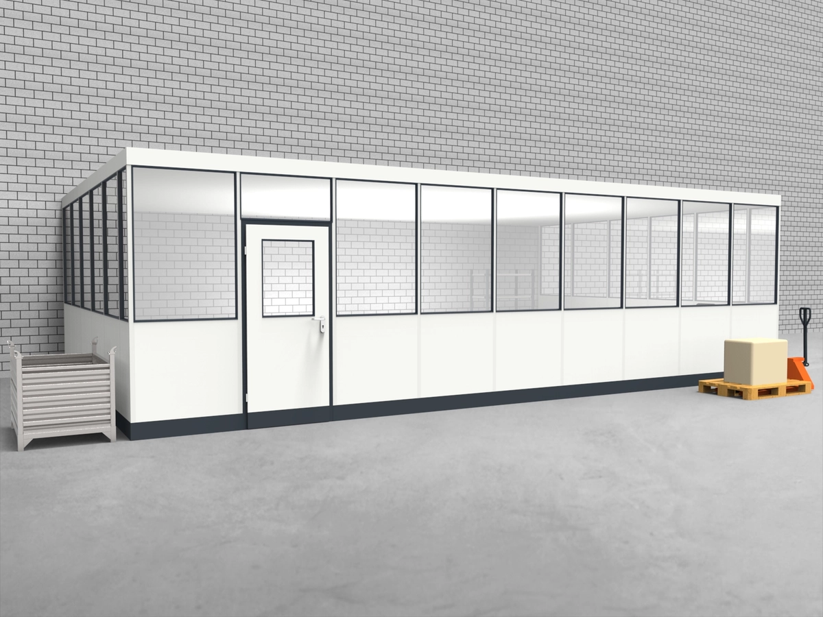 Aussenansicht für Hallenbüro 3-seitig 9,00 x 5,50 m System RS 45 von Becker Raumsysteme - Artikel HB3-9055