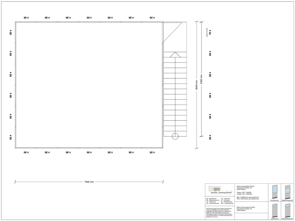 Zeichnung für Hallenbüro auf Stahlbau 4-seitig 7,50 x 4,00 m System RS 45 von Becker Raumsysteme - Artikel HS4-7540