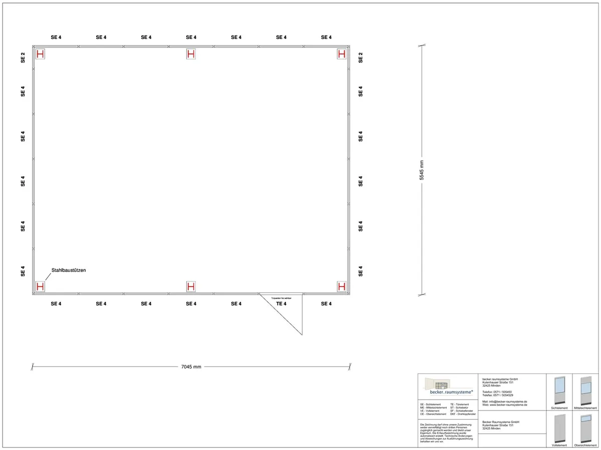 Zeichnung für Hallenbüro als Doppelstock 4-seitig 7,00 x 5,50 m System RS 45 von Becker Raumsysteme - Artikel HD4-7055