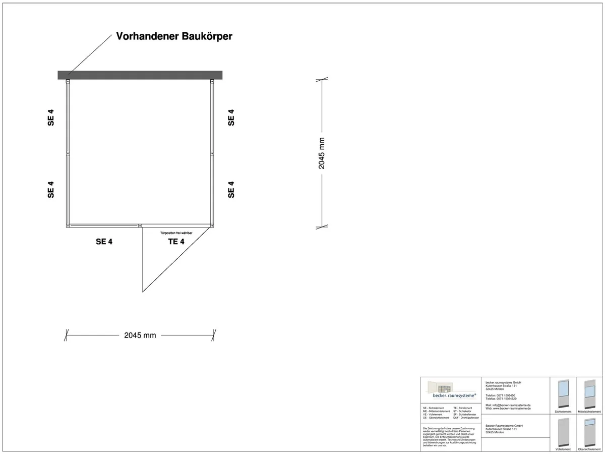 Zeichnung für Hallenbüro 3-seitig 2,00 x 2,00 m System RS 45 von Becker Raumsysteme - Artikel HB3-2020