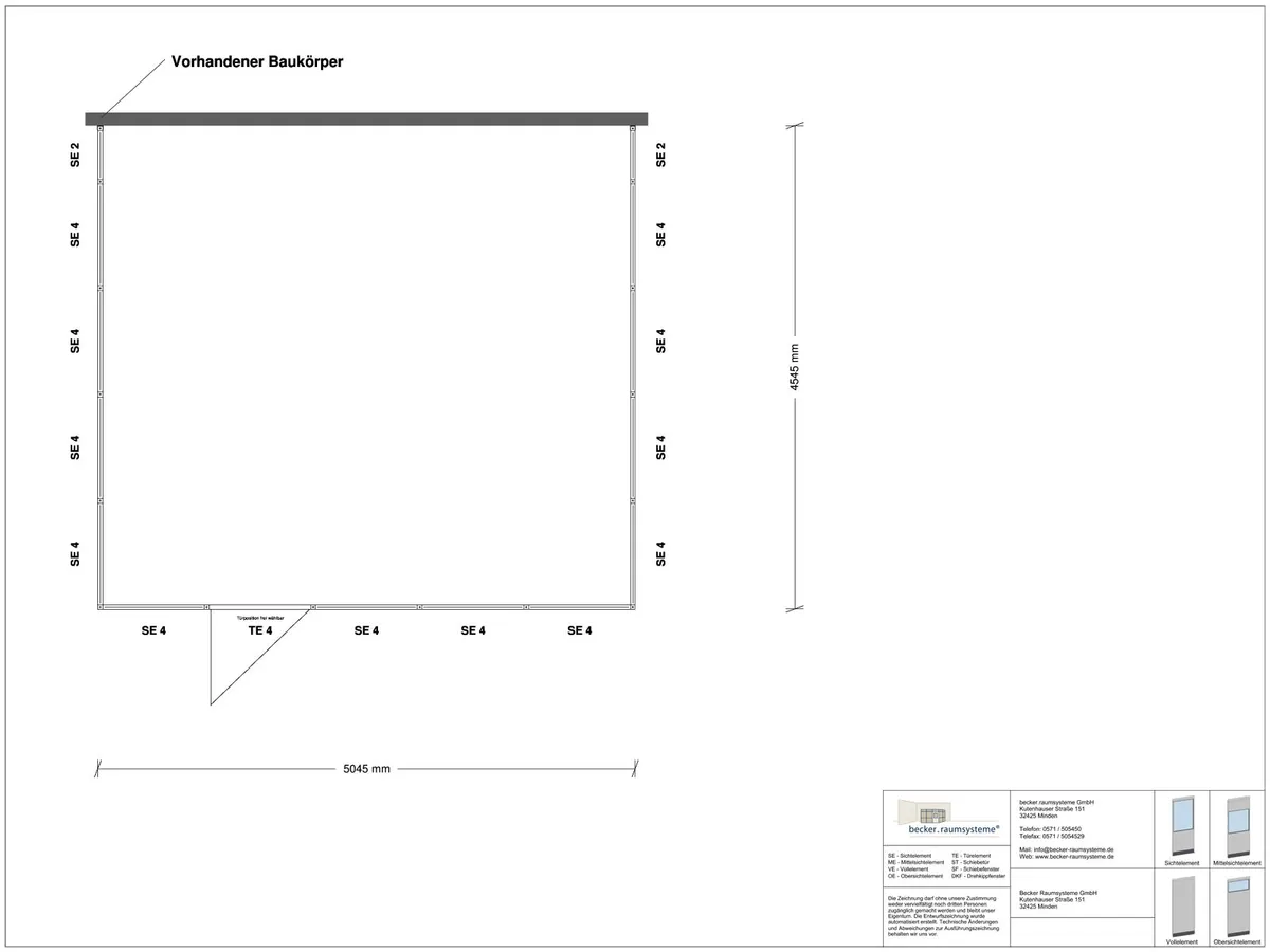 Zeichnung für Hallenbüro 3-seitig 5,00 x 4,50 m System RS 45 von Becker Raumsysteme - Artikel HB3-5045