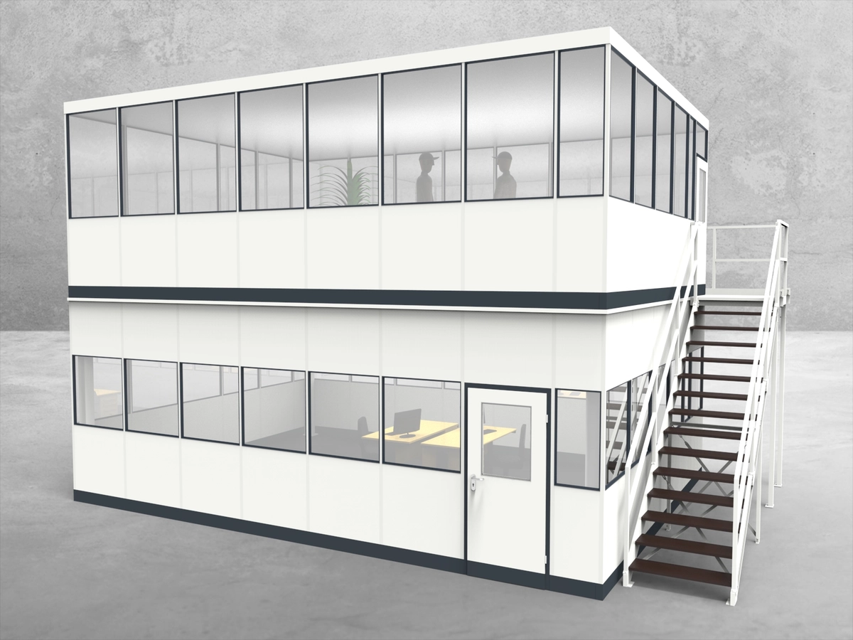 Aussenansicht für Hallenbüro als Doppelstock 4-seitig 7,50 x 5,50 m System RS 45 von Becker Raumsysteme - Artikel HD4-7555