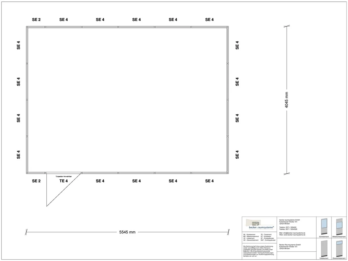 Zeichnung für Stellwand 4-seitig 5,50 x 4,00 m System RS 45 von Becker Raumsysteme - Artikel SW4-5540
