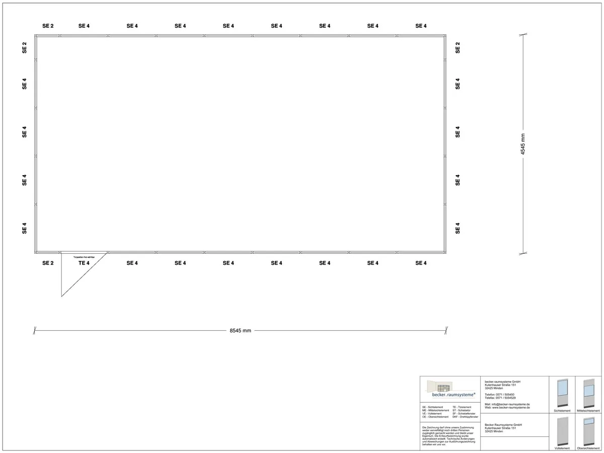 Zeichnung für Stellwand 4-seitig 8,50 x 4,50 m System RS 45 von Becker Raumsysteme - Artikel SW4-8545