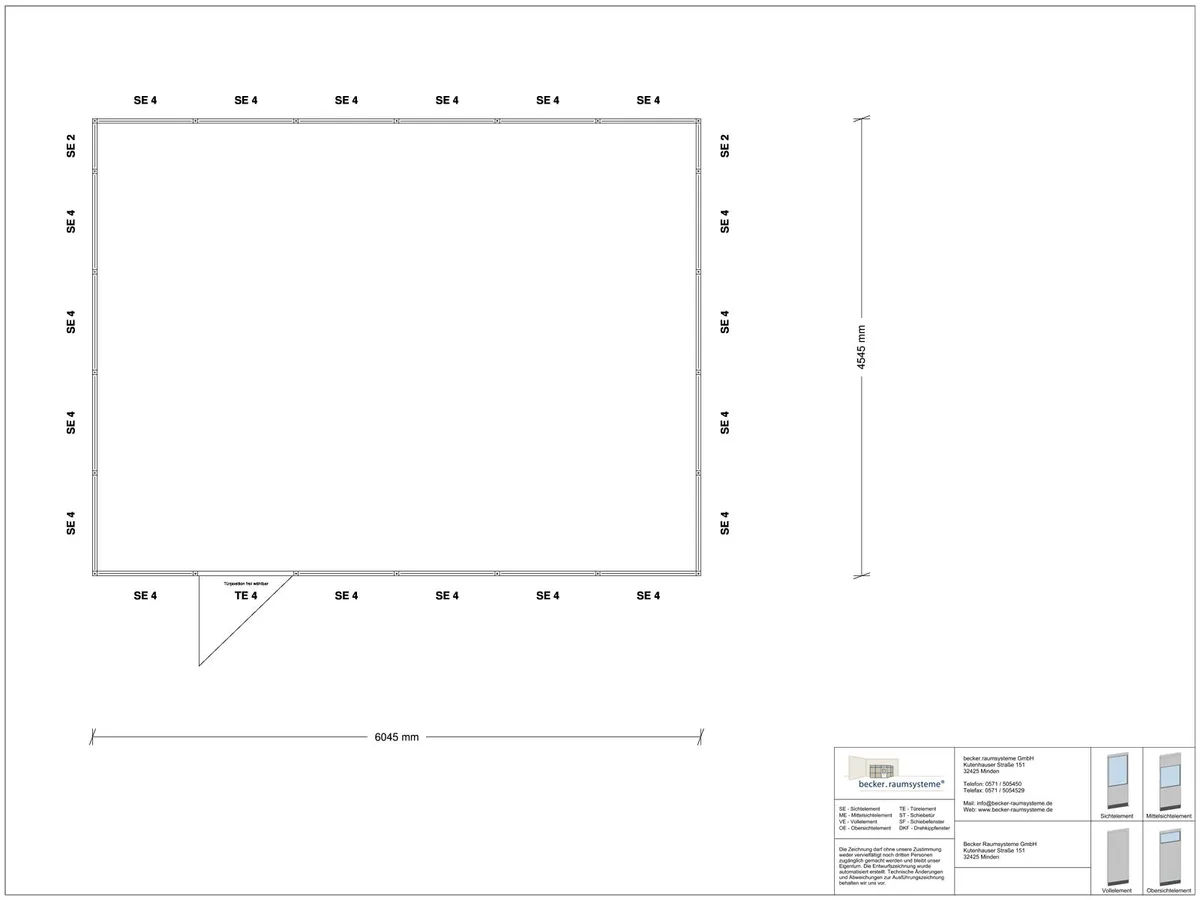 Zeichnung für Hallenbüro 4-seitig 6,00 x 4,50 m System RS 45 von Becker Raumsysteme - Artikel HB4-6045