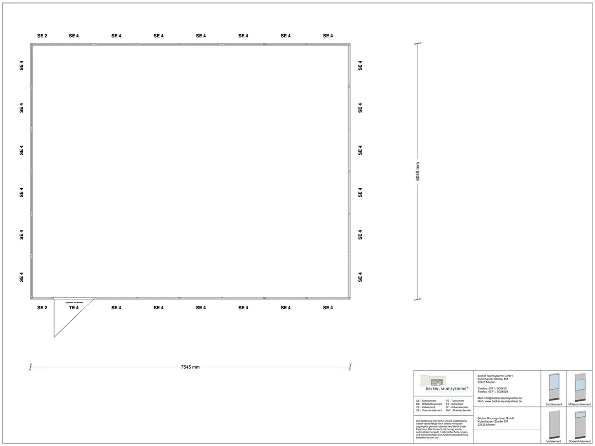 Zeichnung für Stellwand 4-seitig 7,50 x 6,00 m System RS 45 von Becker Raumsysteme - Artikel SW4-7560