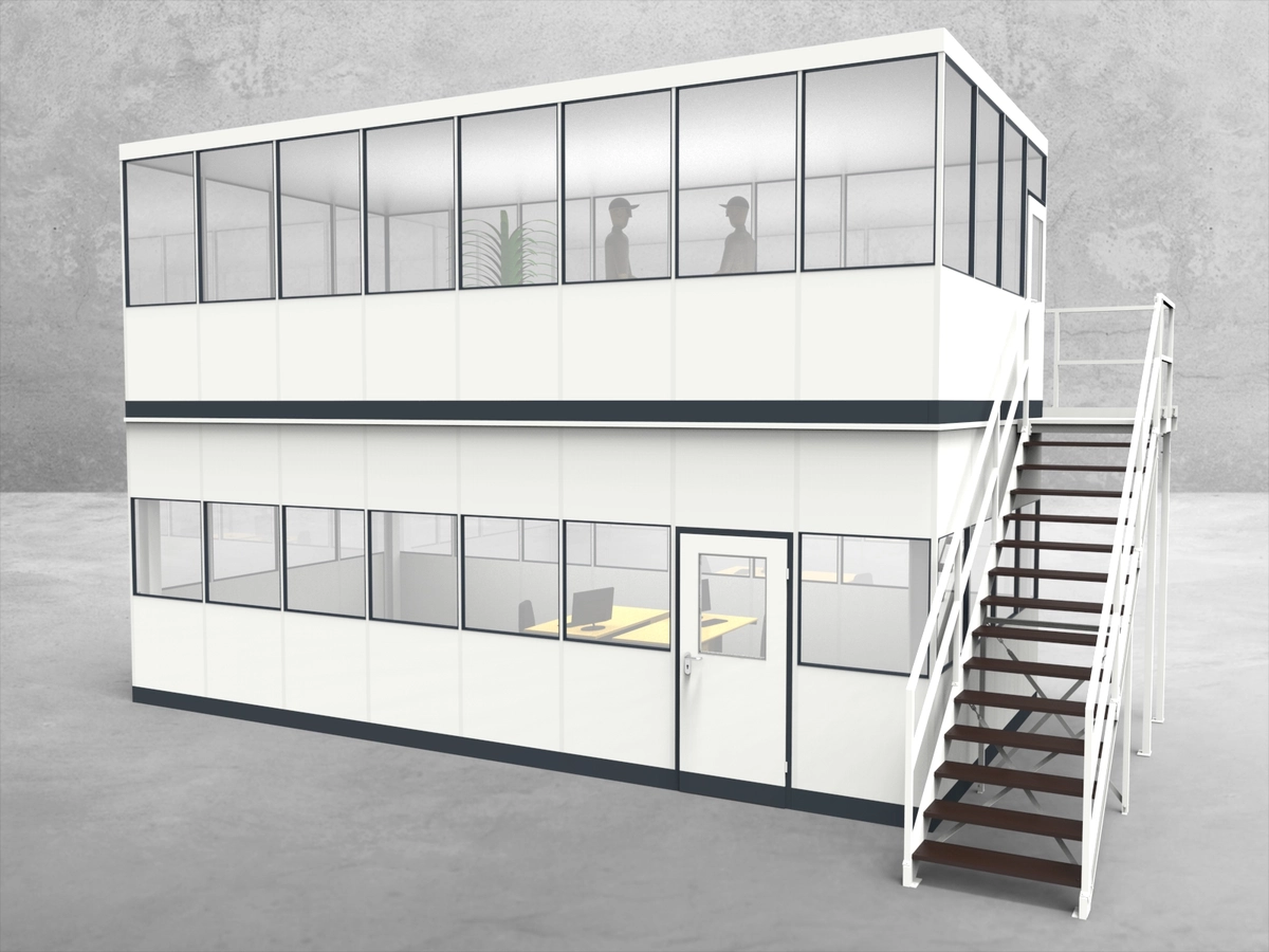 Aussenansicht für Hallenbüro als Doppelstock 4-seitig 8,00 x 4,00 m System RS 45 von Becker Raumsysteme - Artikel HD4-8040