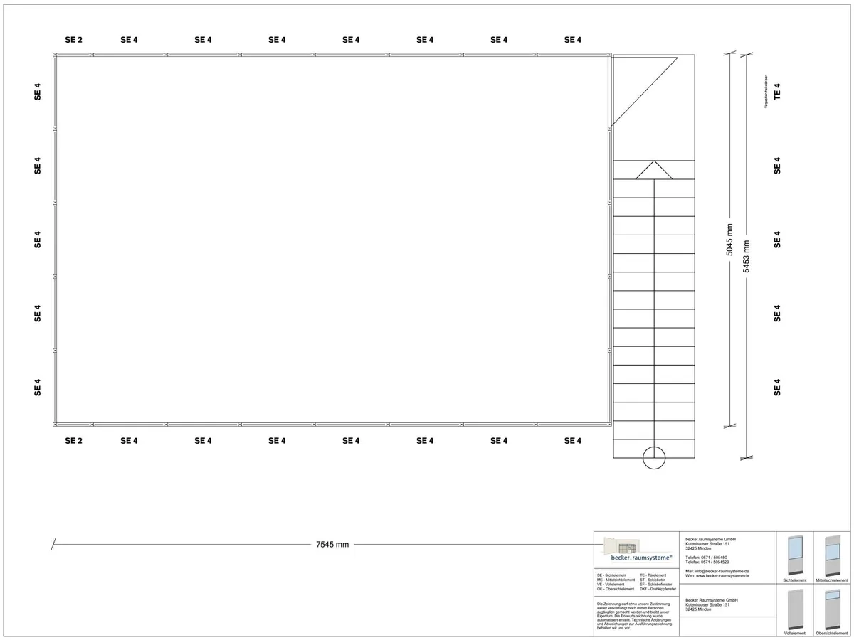 Zeichnung für Hallenbüro auf Stahlbau 4-seitig 7,50 x 5,00 m System RS 45 von Becker Raumsysteme - Artikel HS4-7550