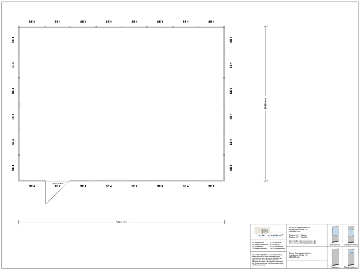 Zeichnung für Stellwand 4-seitig 8,00 x 6,00 m System RS 45 von Becker Raumsysteme - Artikel SW4-8060