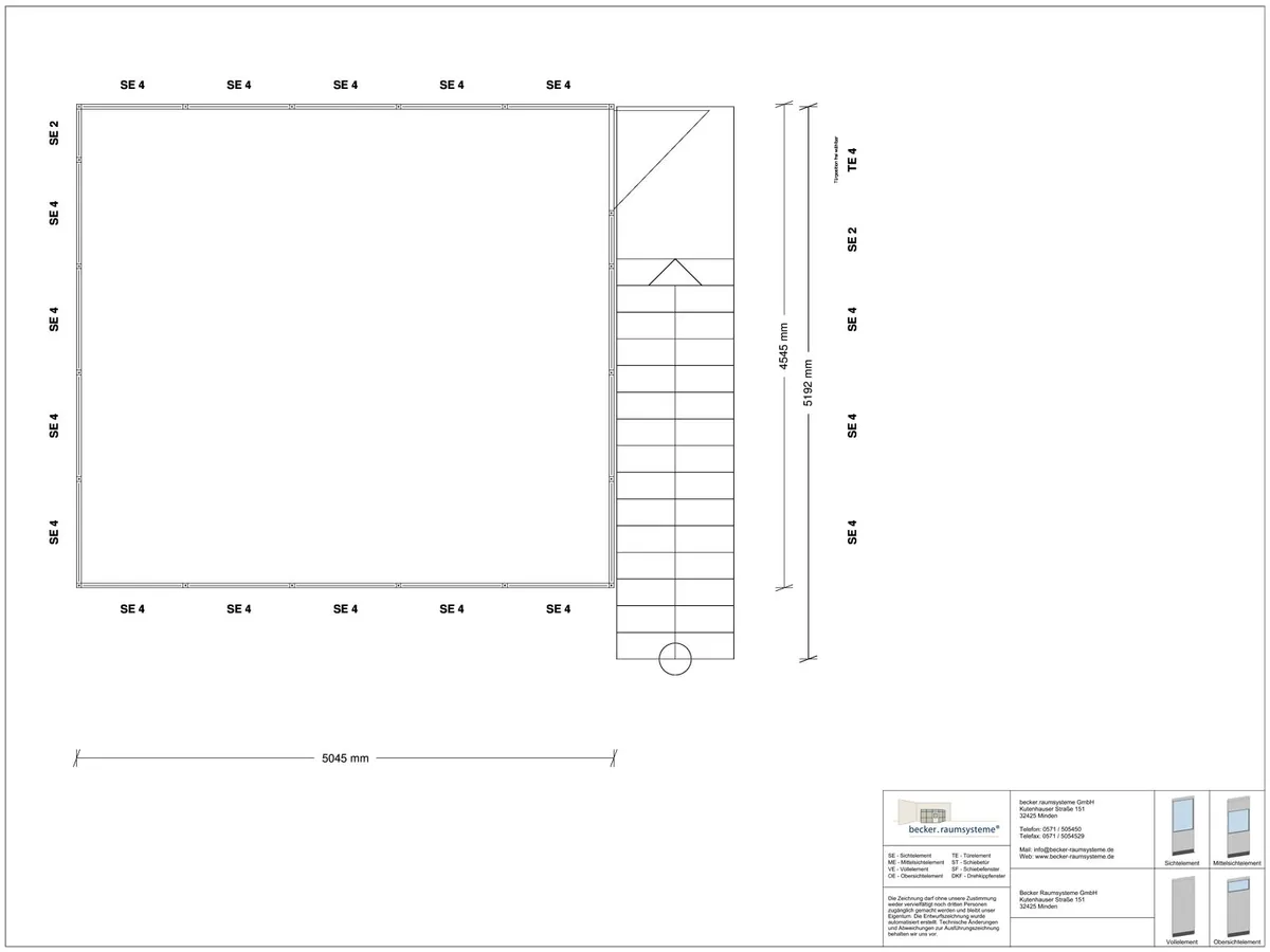Zeichnung für Hallenbüro auf Stahlbau 4-seitig 5,00 x 4,50 m System RS 45 von Becker Raumsysteme - Artikel HS4-5045