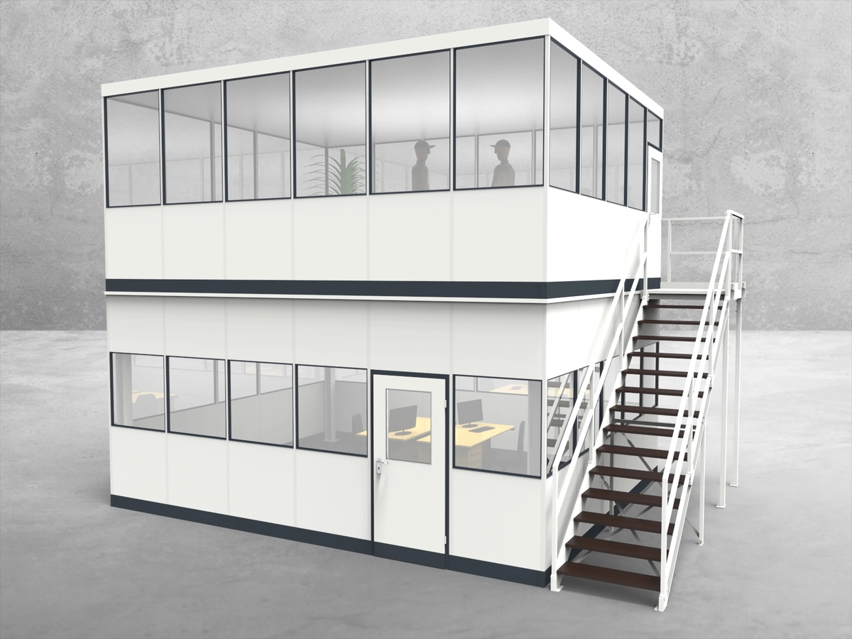 Aussenansicht für Hallenbüro als Doppelstock 4-seitig 6,00 x 5,00 m System RS 45 von Becker Raumsysteme - Artikel HD4-6050