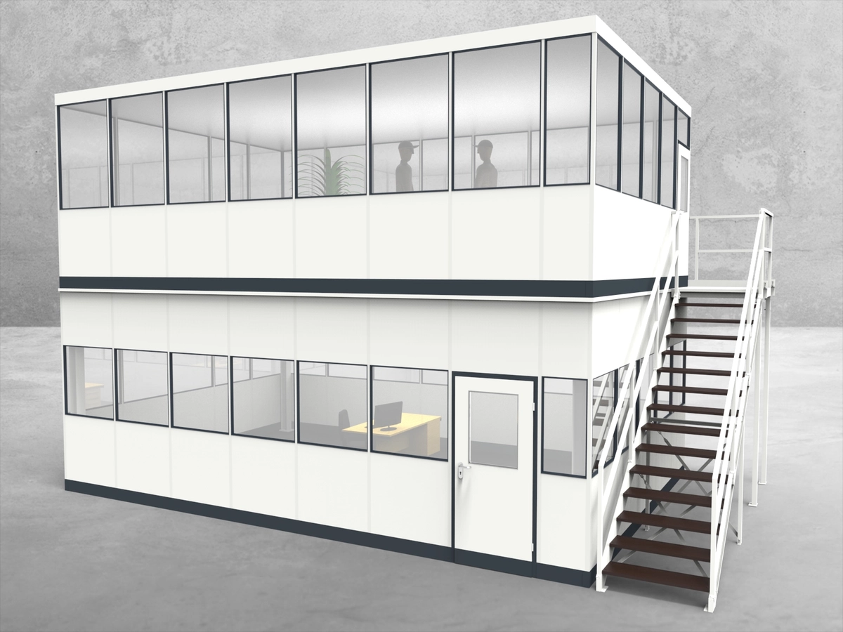 Aussenansicht für Hallenbüro als Doppelstock 4-seitig 7,50 x 5,00 m System RS 45 von Becker Raumsysteme - Artikel HD4-7550