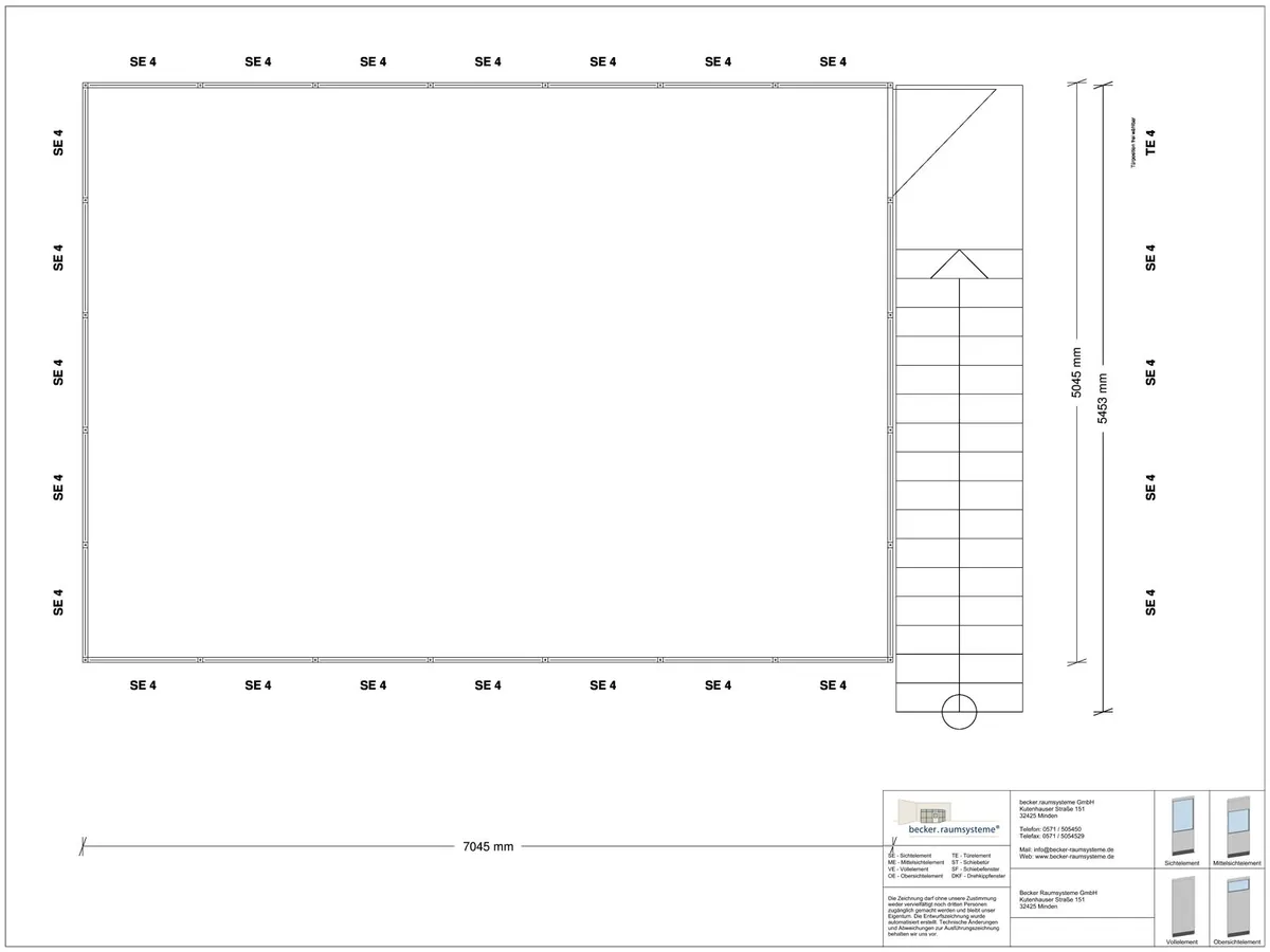 Zeichnung für Hallenbüro als Doppelstock 4-seitig 7,00 x 5,00 m System RS 45 von Becker Raumsysteme - Artikel HD4-7050