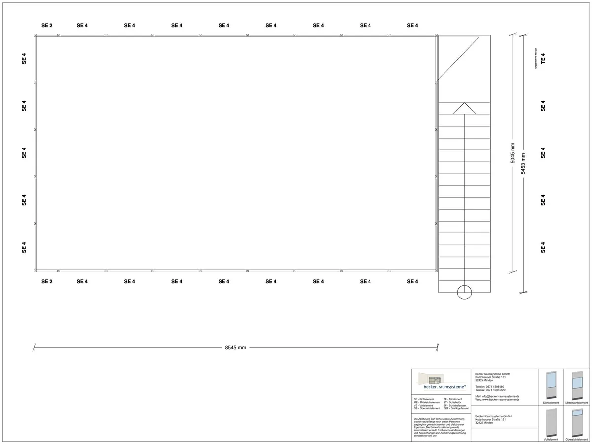 Zeichnung für Hallenbüro auf Stahlbau 4-seitig 8,50 x 5,00 m System RS 45 von Becker Raumsysteme - Artikel HS4-8550