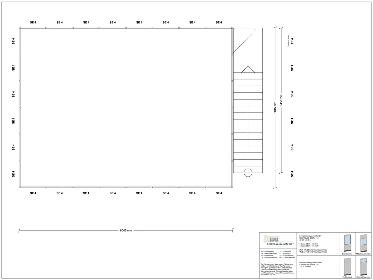 Zeichnung für Hallenbüro auf Stahlbau 4-seitig 8,00 x 6,00 m System RS 45 von Becker Raumsysteme - Artikel HS4-8060