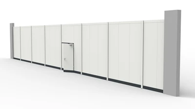 Hohe Stellwand zwischen Betonsäulen und einem Türelement Hohe Stellwand mit Stützrohren zwischen Betonsäulen und einer Tür