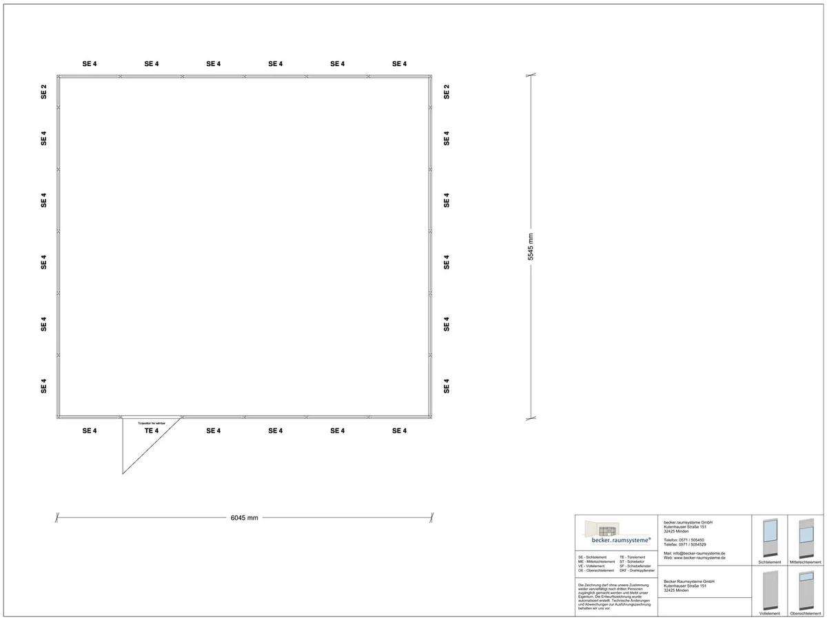 Zeichnung für Hallenbüro 4-seitig 6,00 x 5,50 m System RS 45 von Becker Raumsysteme - Artikel HB4-6055