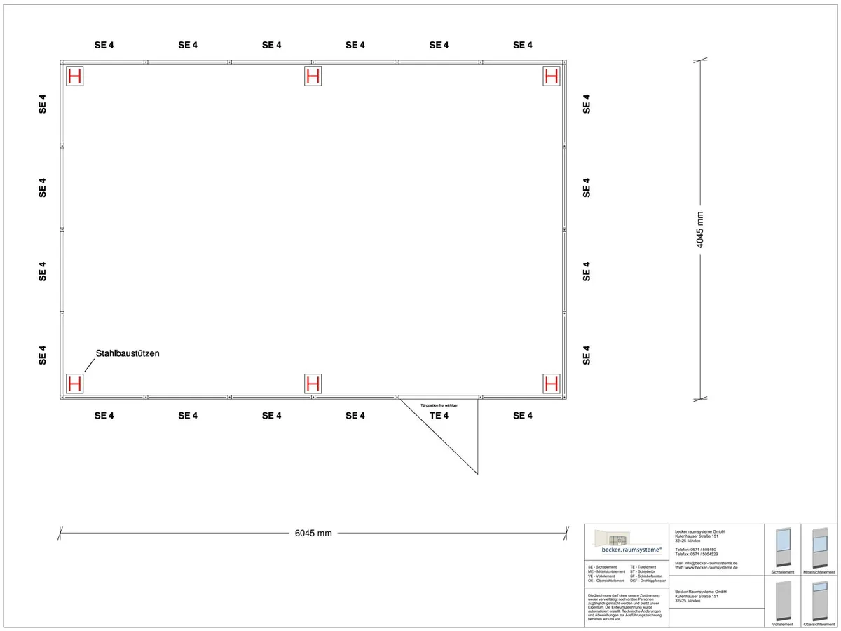 Deckenkonstruktion für Hallenbüro 4-seitig 5,00 x 3,50 m System RS 45 von Becker Raumsysteme - Artikel HB4-5035