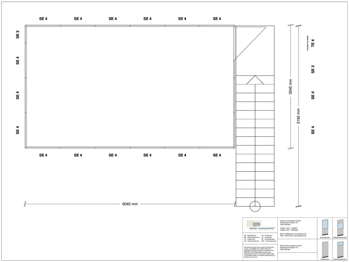 Zeichnung für Hallenbüro auf Stahlbau 4-seitig 6,00 x 3,50 m System RS 45 von Becker Raumsysteme - Artikel HS4-6035