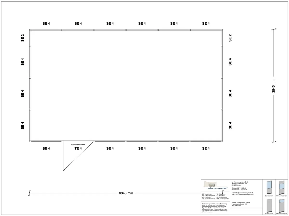 Zeichnung für Hallenbüro 4-seitig 6,00 x 3,50 m System RS 45 von Becker Raumsysteme - Artikel HB4-6035