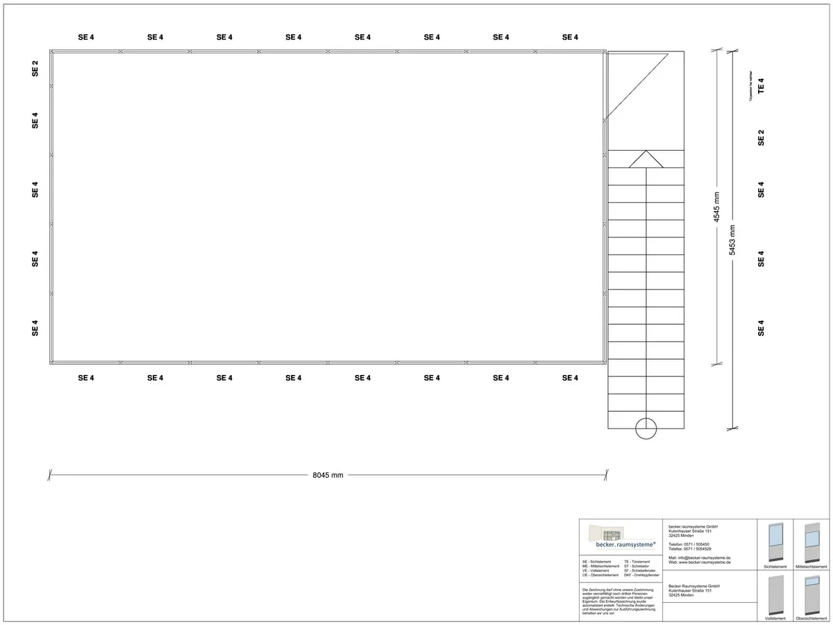 Zeichnung für Hallenbüro auf Stahlbau 4-seitig 8,00 x 4,50 m System RS 45 von Becker Raumsysteme - Artikel HS4-8045
