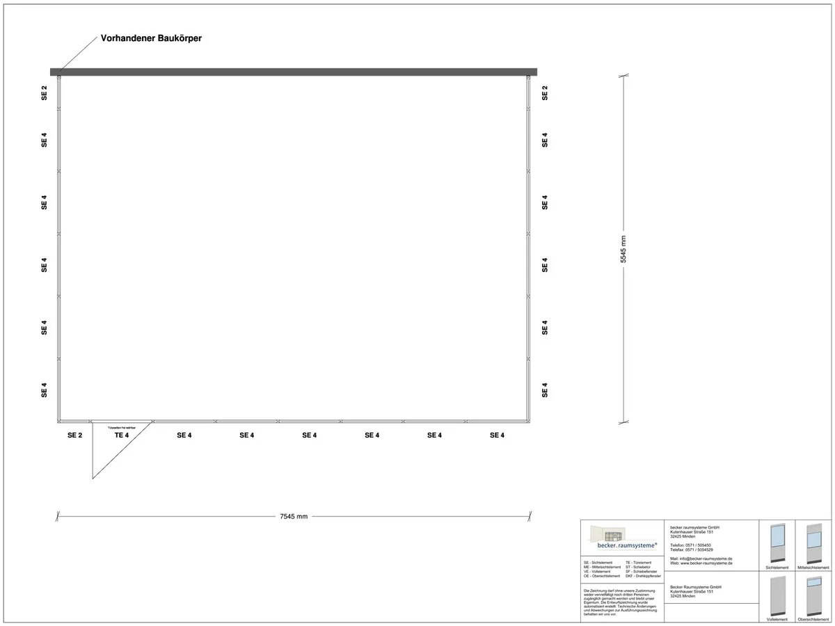 Zeichnung für Hallenbüro 3-seitig 7,50 x 5,50 m System RS 45 von Becker Raumsysteme - Artikel HB3-7555