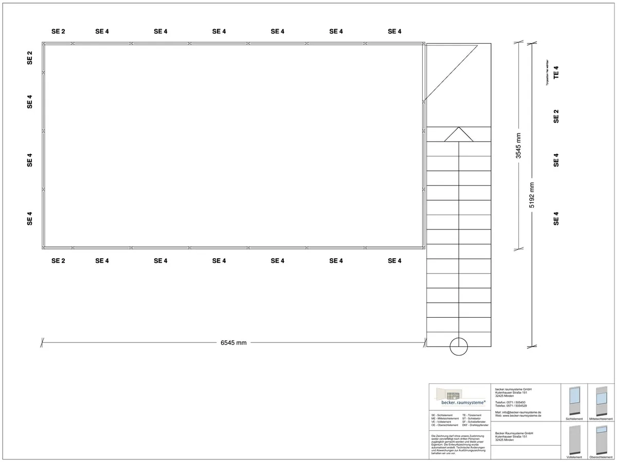 Zeichnung für Hallenbüro auf Stahlbau 4-seitig 6,50 x 3,50 m System RS 45 von Becker Raumsysteme - Artikel HS4-6535