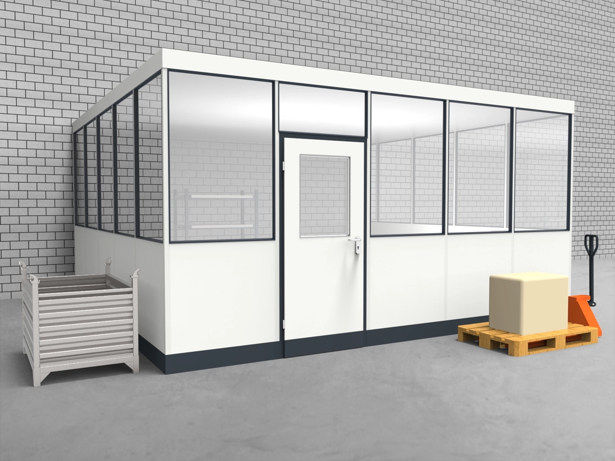 Aussenansicht für Hallenbüro 3-seitig 5,00 x 5,00 m System RS 45 von Becker Raumsysteme - Artikel HB3-5050