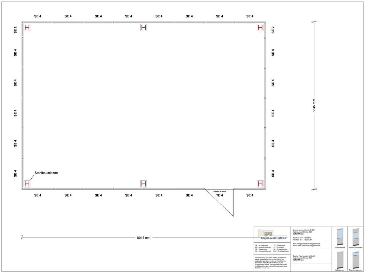 Zeichnung für Hallenbüro als Doppelstock 4-seitig 8,00 x 5,50 m System RS 45 von Becker Raumsysteme - Artikel HD4-8055