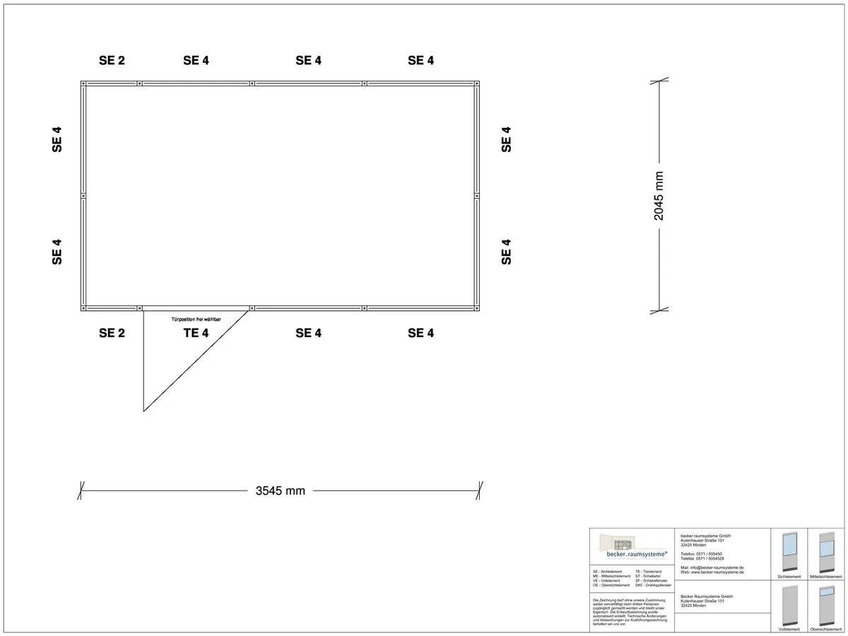 Zeichnung für Stellwand 4-seitig 3,50 x 2,00 m System RS 45 von Becker Raumsysteme - Artikel SW4-3520