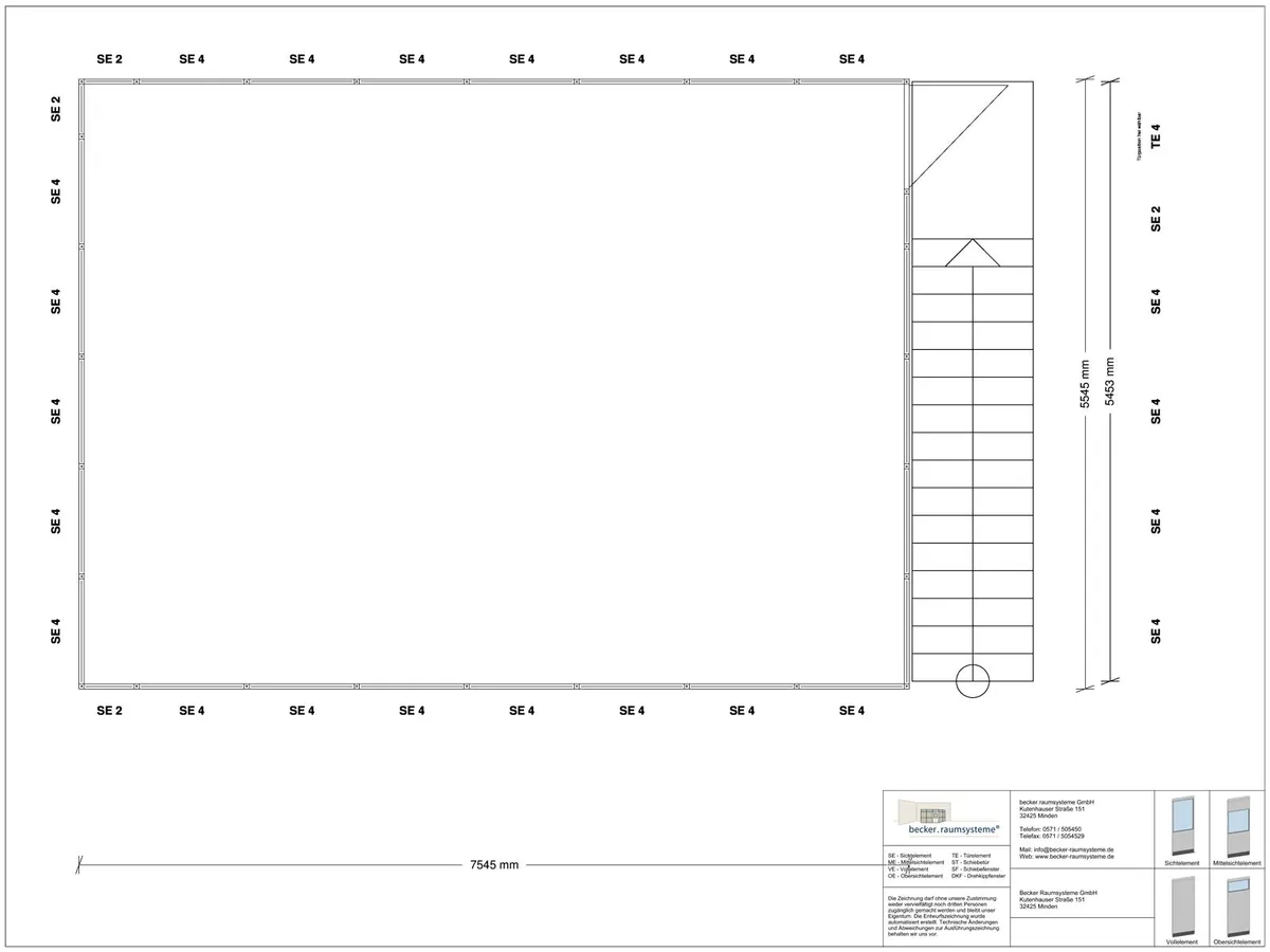 Zeichnung für Hallenbüro als Doppelstock 4-seitig 7,50 x 5,50 m System RS 45 von Becker Raumsysteme - Artikel HD4-7555
