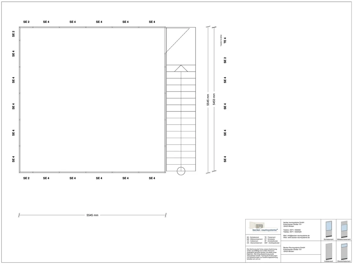 Zeichnung für Hallenbüro auf Stahlbau 4-seitig 5,50 x 5,00 m System RS 45 von Becker Raumsysteme - Artikel HS4-5550