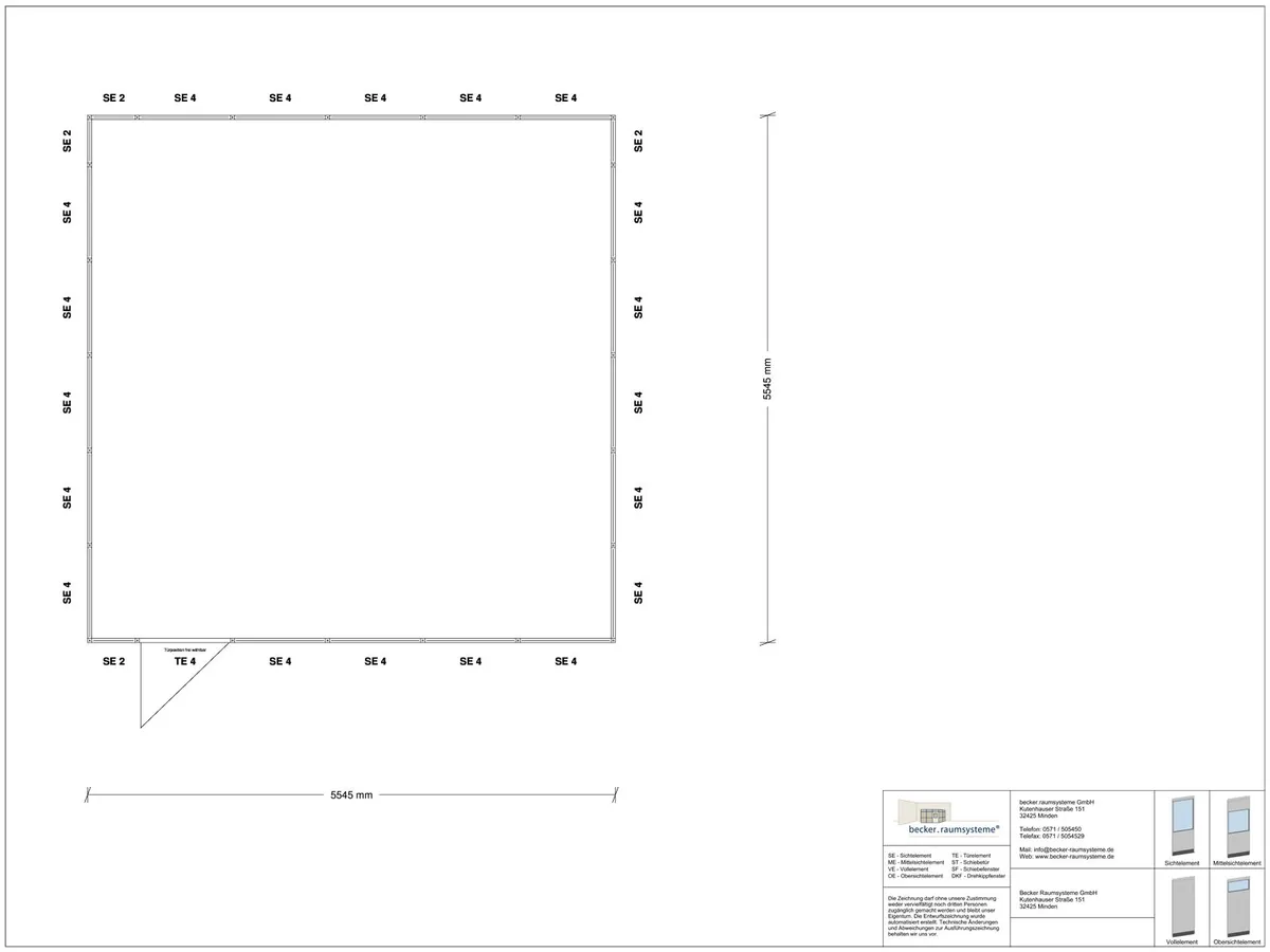 Zeichnung für Hallenbüro 4-seitig 5,50 x 5,50 m System RS 45 von Becker Raumsysteme - Artikel HB4-5555