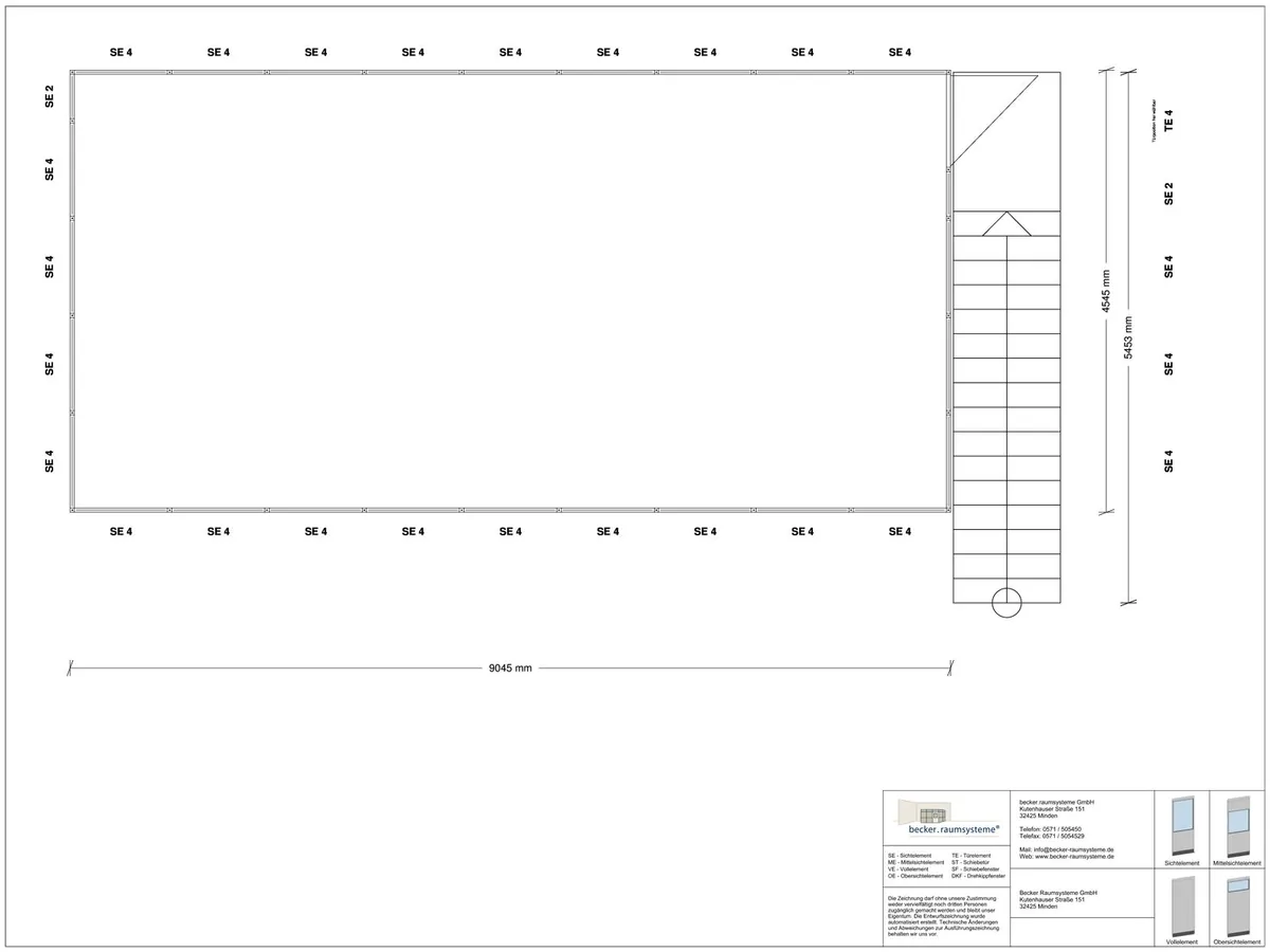 Zeichnung für Hallenbüro auf Stahlbau 4-seitig 9,00 x 4,50 m System RS 45 von Becker Raumsysteme - Artikel HS4-9045