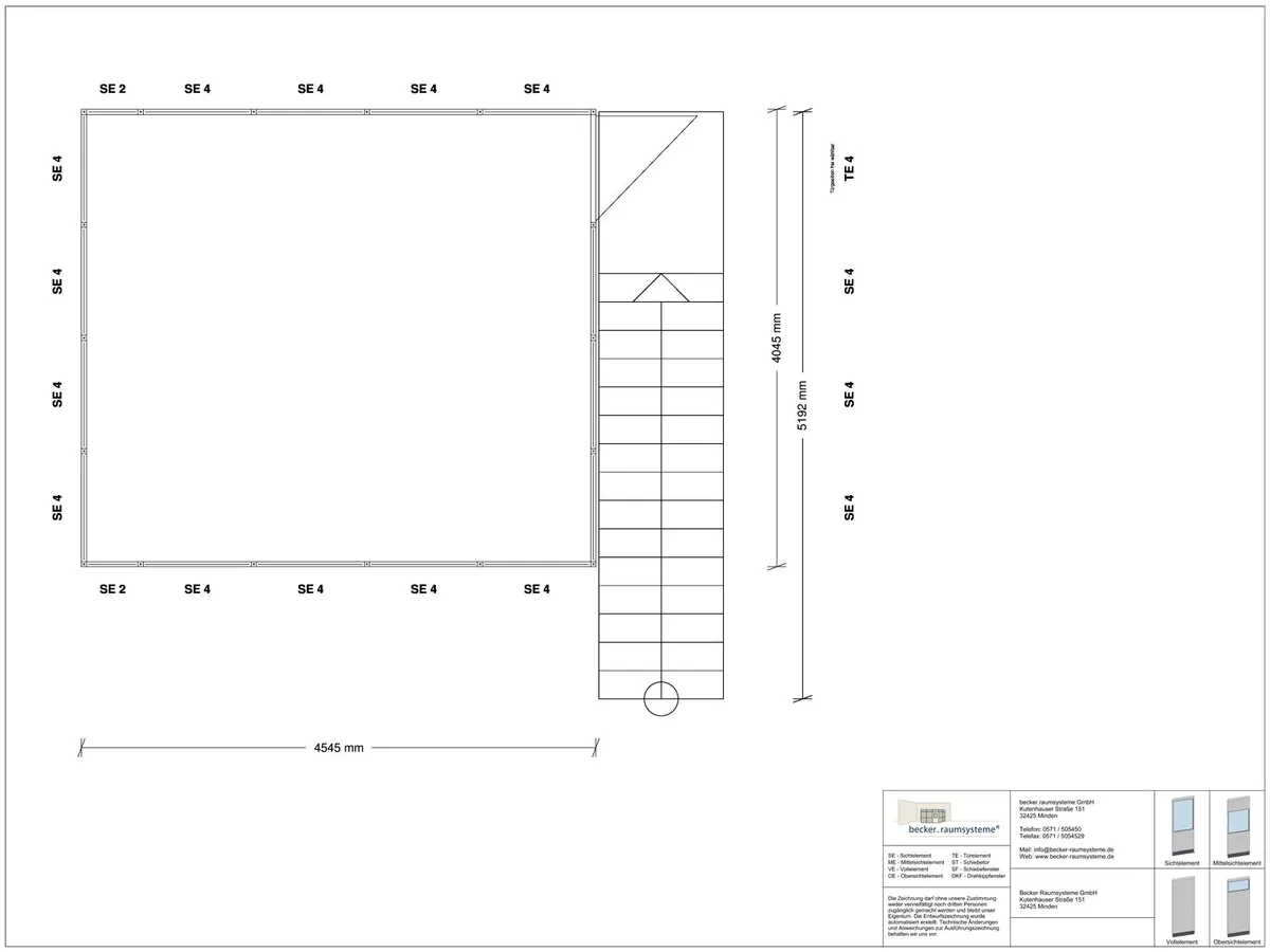 Zeichnung für Hallenbüro auf Stahlbau 4-seitig 4,50 x 4,00 m System RS 45 von Becker Raumsysteme - Artikel HS4-4540