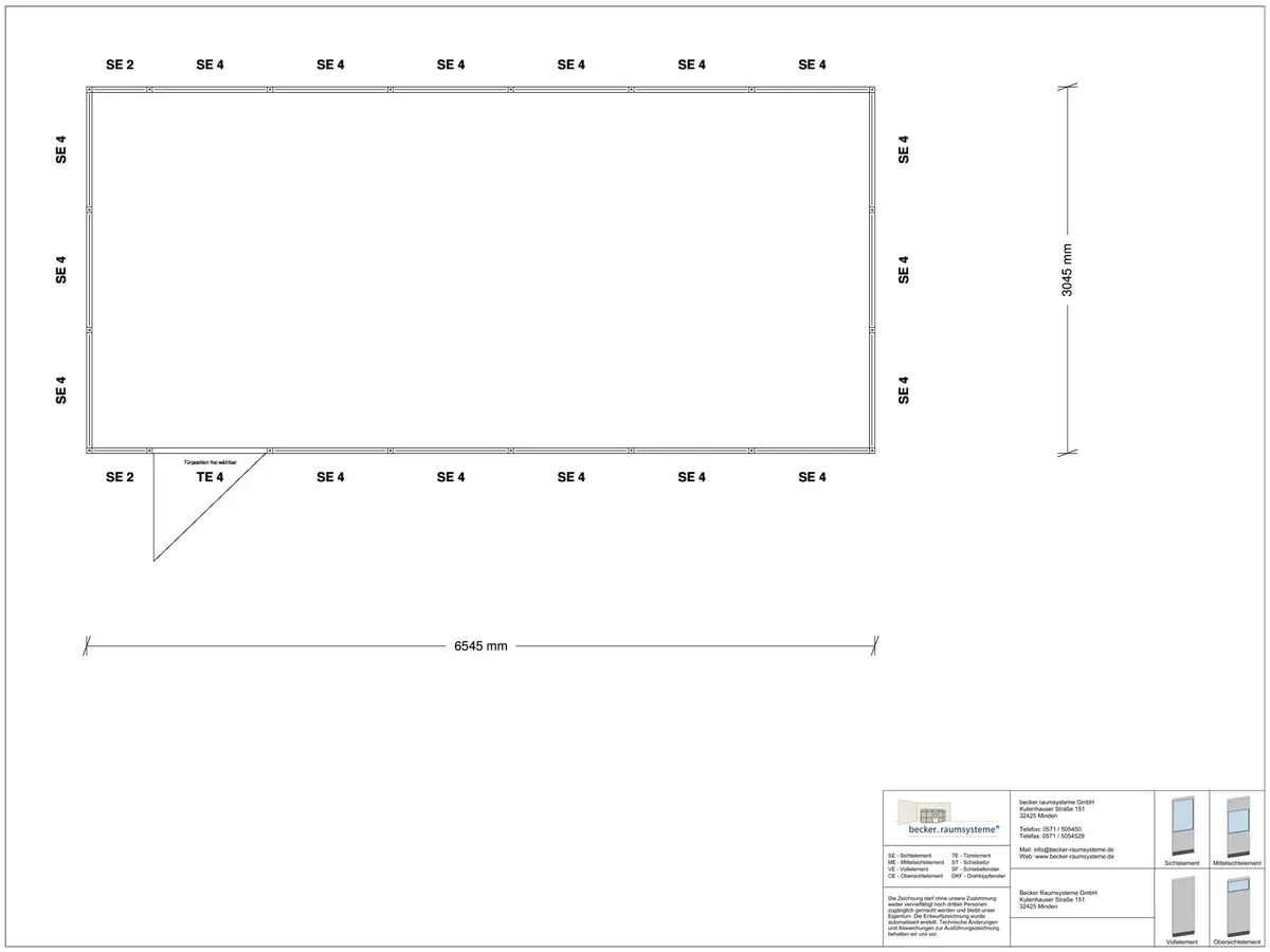 Zeichnung für Stellwand 4-seitig 6,50 x 3,00 m System RS 45 von Becker Raumsysteme - Artikel SW4-6530